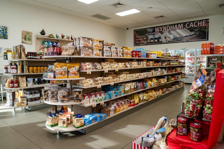 shelving with gourmet grocery items