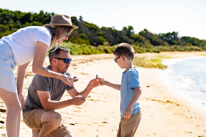 adults and child looking at shell on the beach at Point Cook Coastal Park